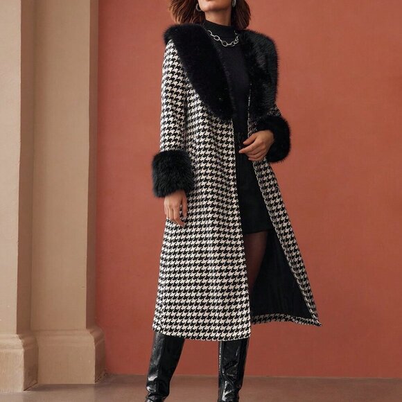 Black And White Elegant Women's Tweed Houndstooth Longline Overcoat - Picture 8 of 8